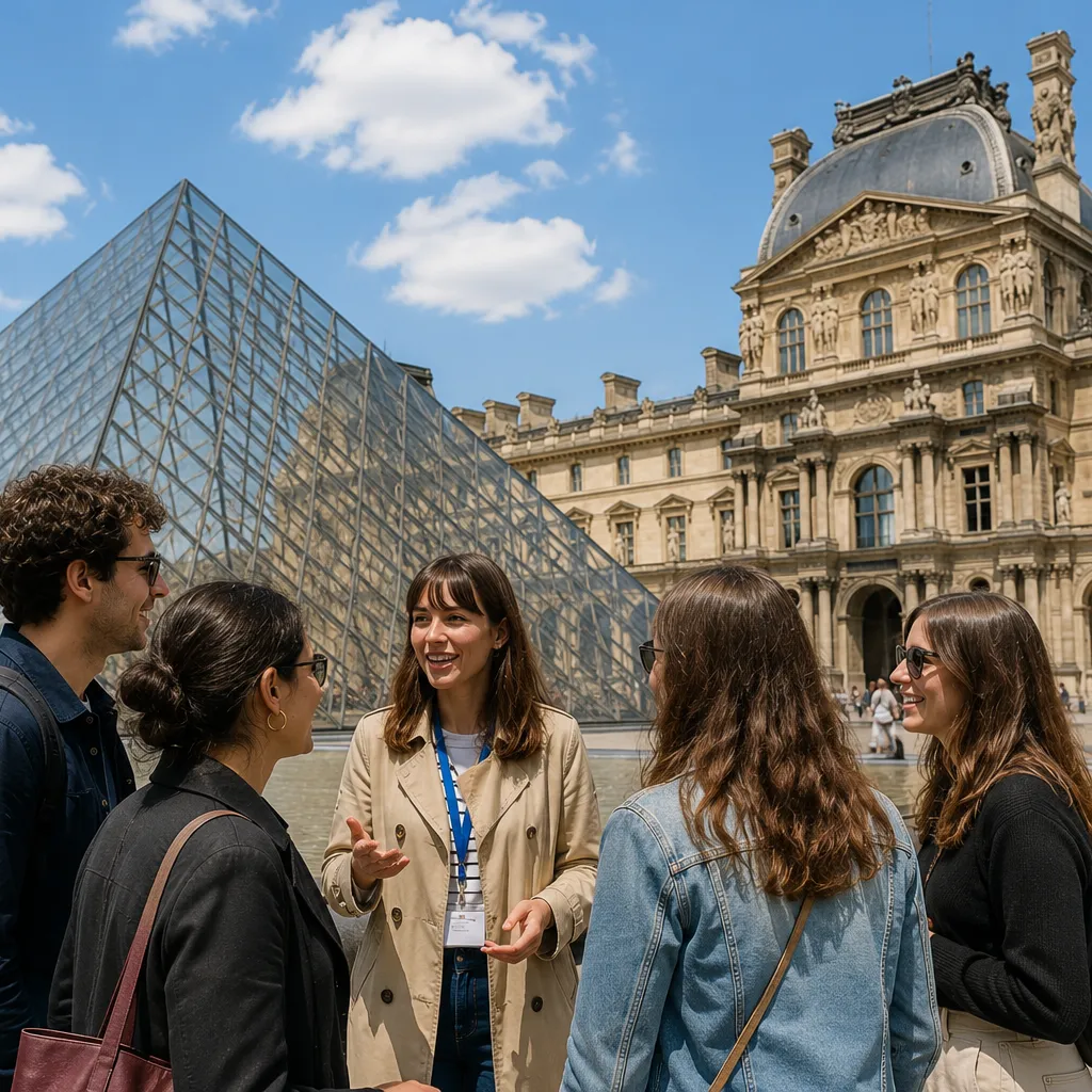 A small group with their guide in front of the Louvre pyramid