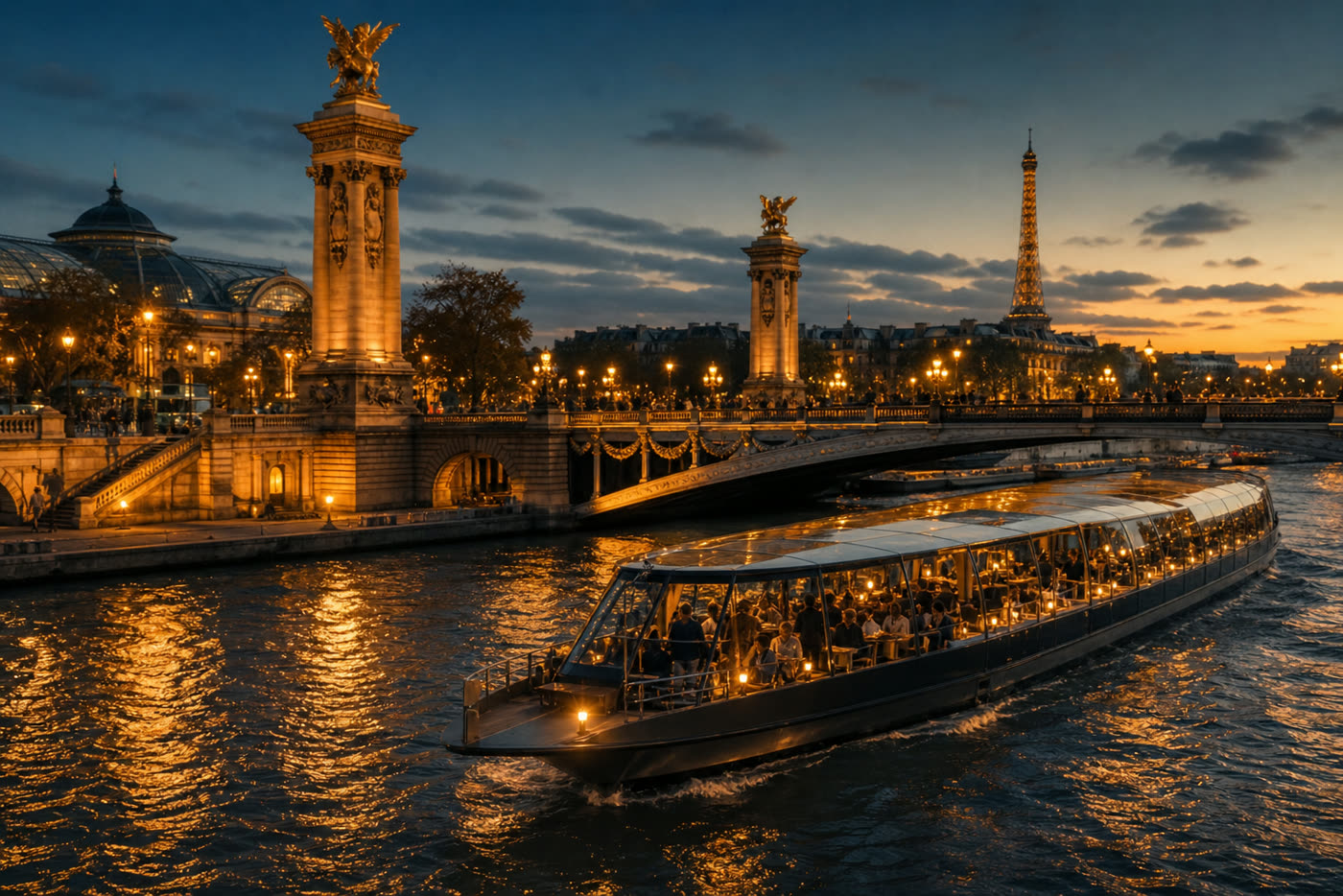 A sightseeing boat gliding down the Seine at golden hour