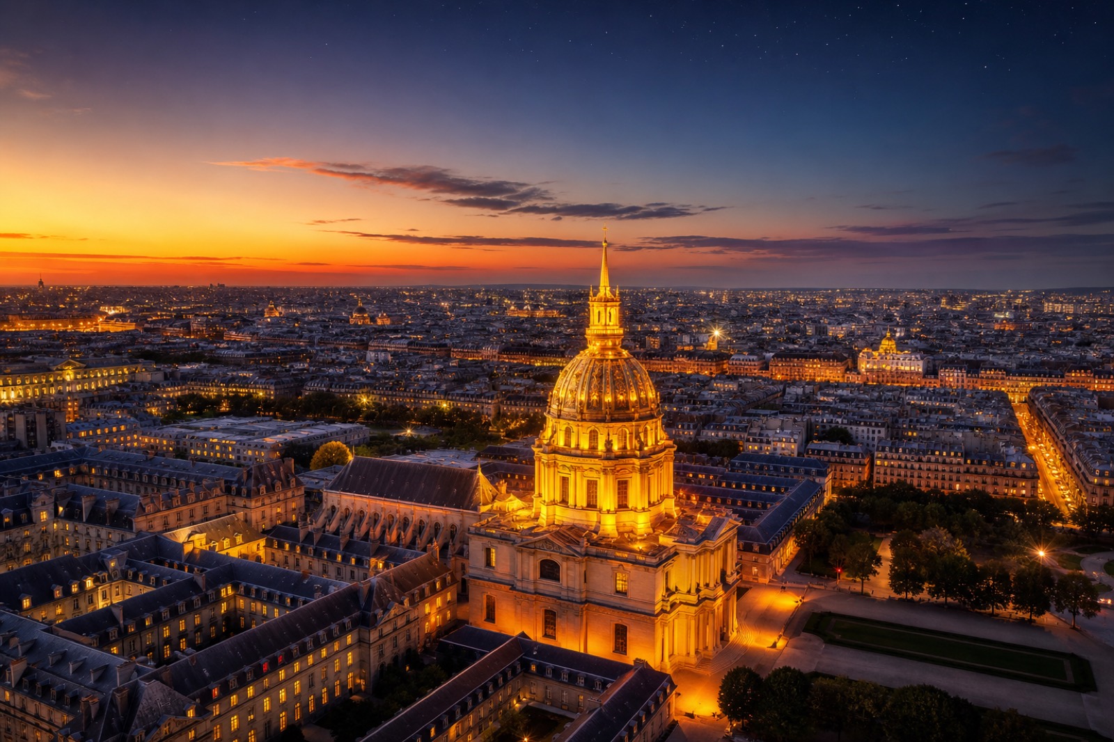 The golden dome of Les Invalides glowing at sunset, seen from the Eiffel Tower