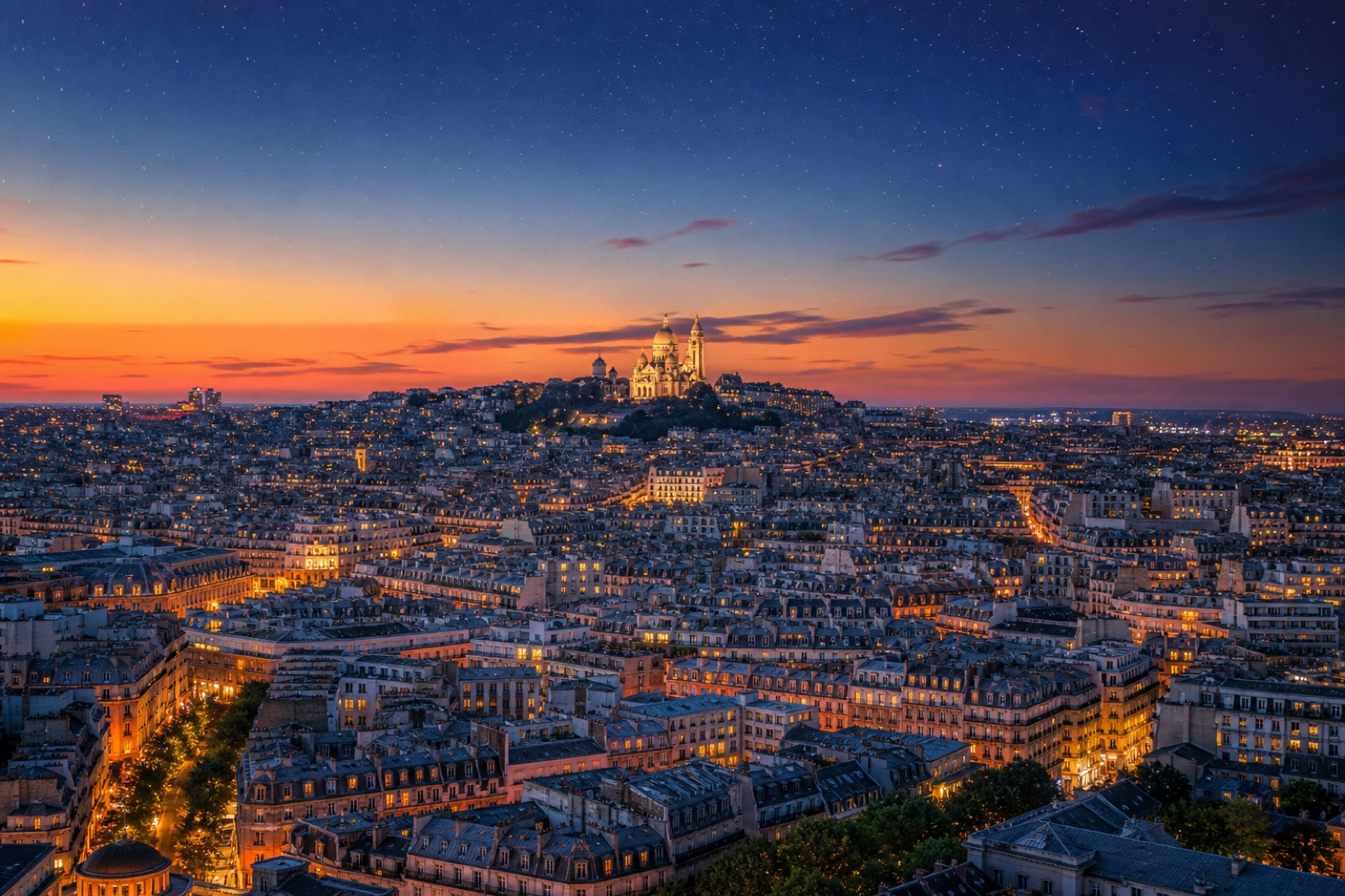 The Sacré-Cœur on Montmartre hill glowing at sunset, seen from the Eiffel Tower