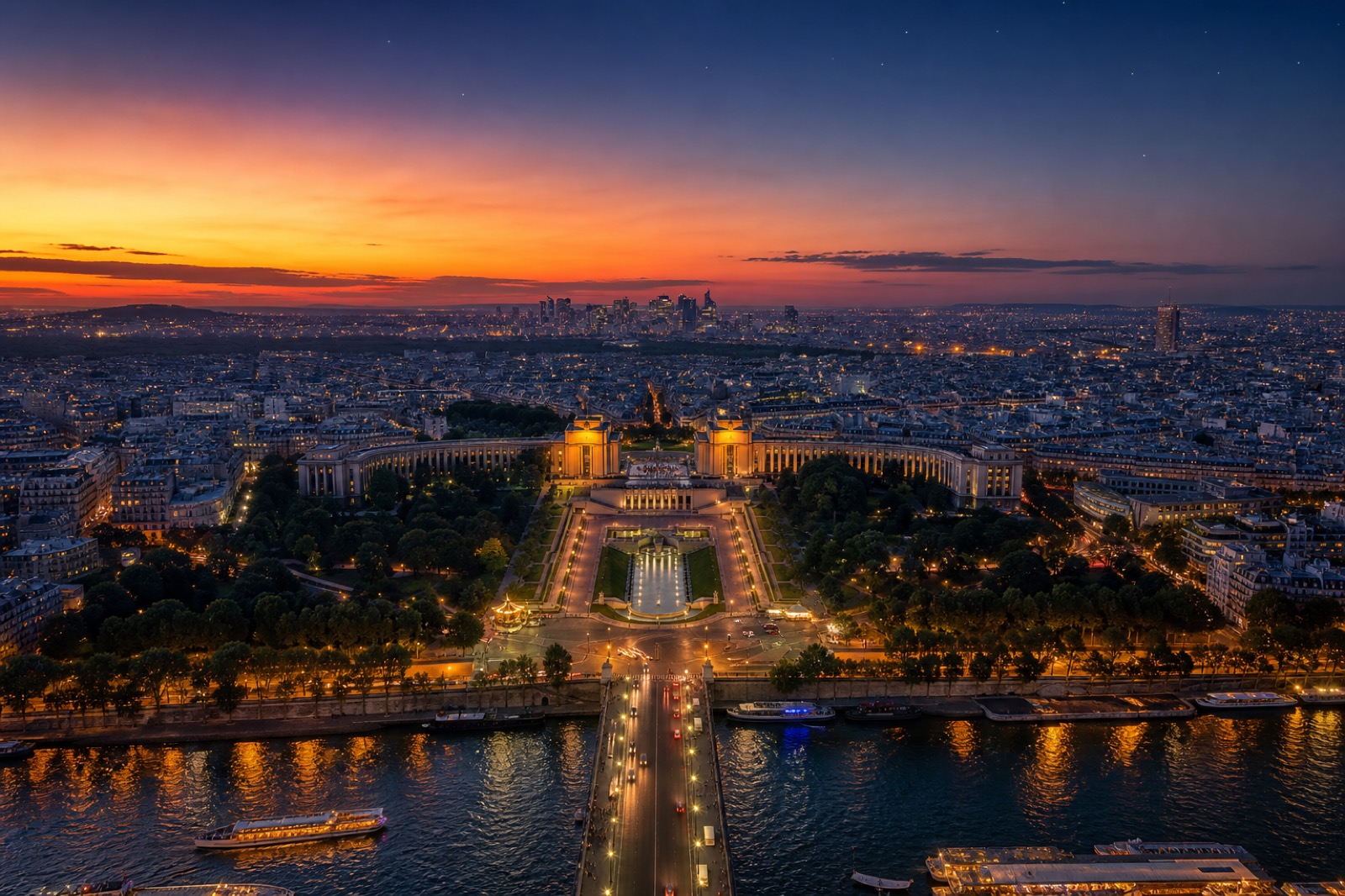 View of the Trocadéro and Palais de Chaillot from the Eiffel Tower at sunset